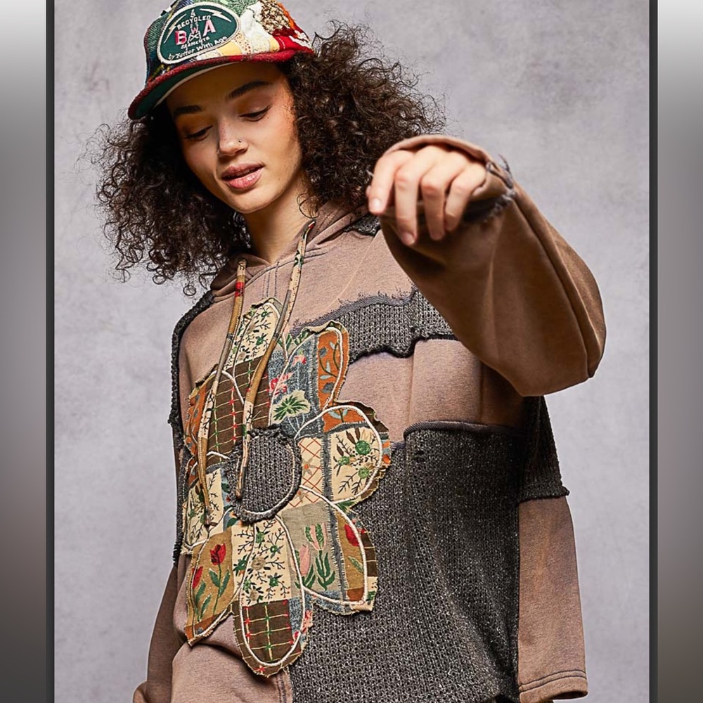 P89–POL Floral Patchwork Hoodie - Brown and Gray - Picture 2 of 3